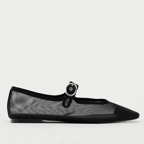 ZARA Mesh Ballerina Ballet Flats with Strap in Black